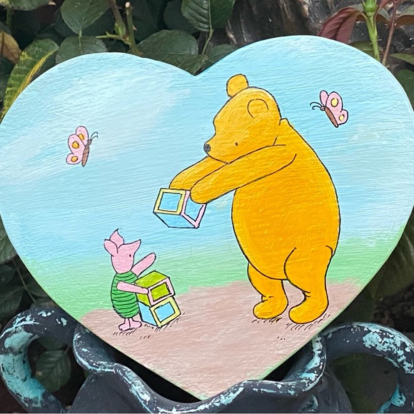 Nursery Winnie The Pooh and Piglet Playing Hand Made Acrylic Painting on Wood - Picture 7 of 8